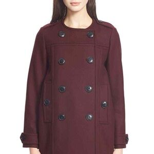 $1295 BURBERRY BRIT Antwood Double Breasted Collarless Red Burgundy Coat Sz 2